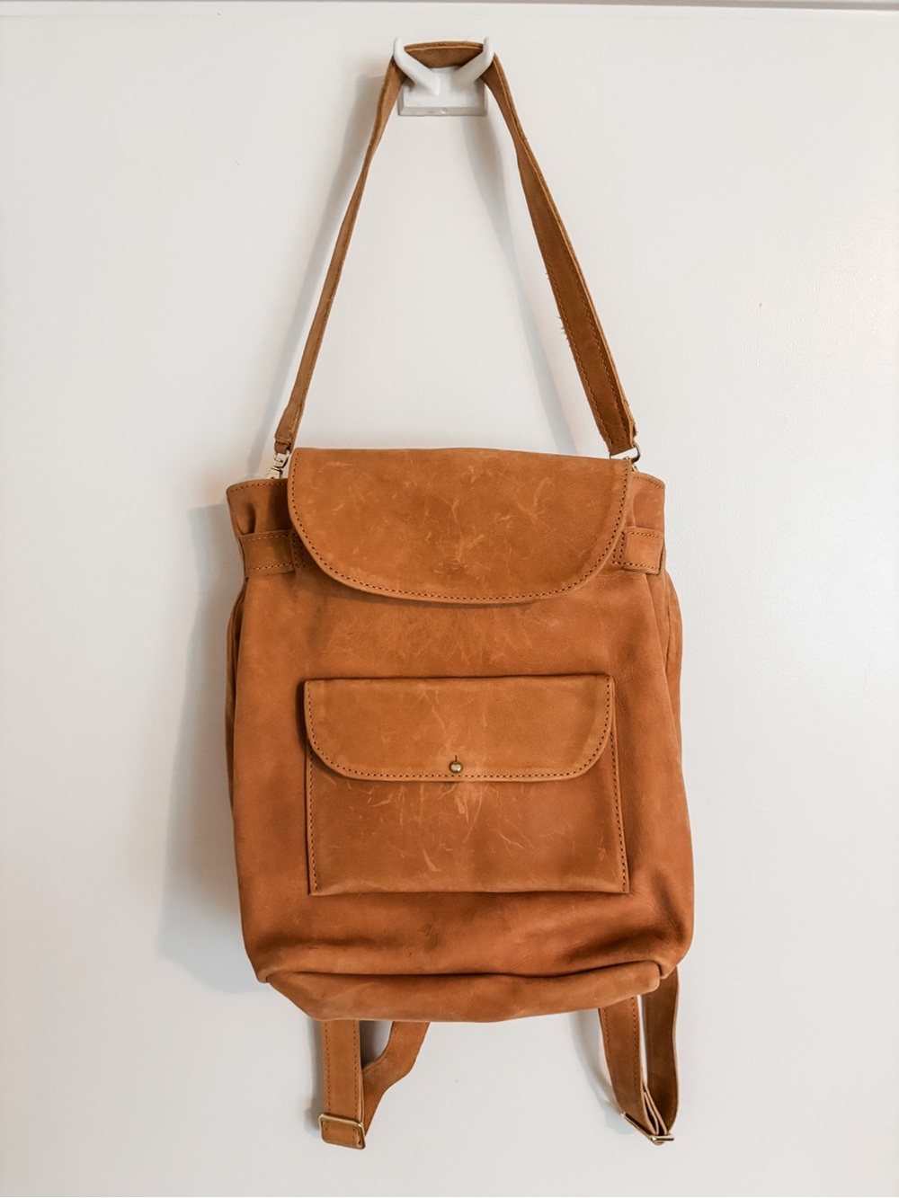 Noonday Collection Tan Leather Backpack - Front Pocket Crossbody Strap